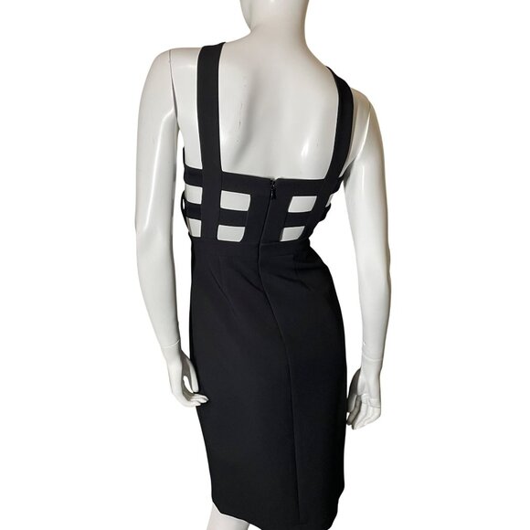 BCBG MAX AZRIA Black Midi Dress Size 0 Strappy Halter Side Cutouts LBD Date Part - Picture 4 of 15